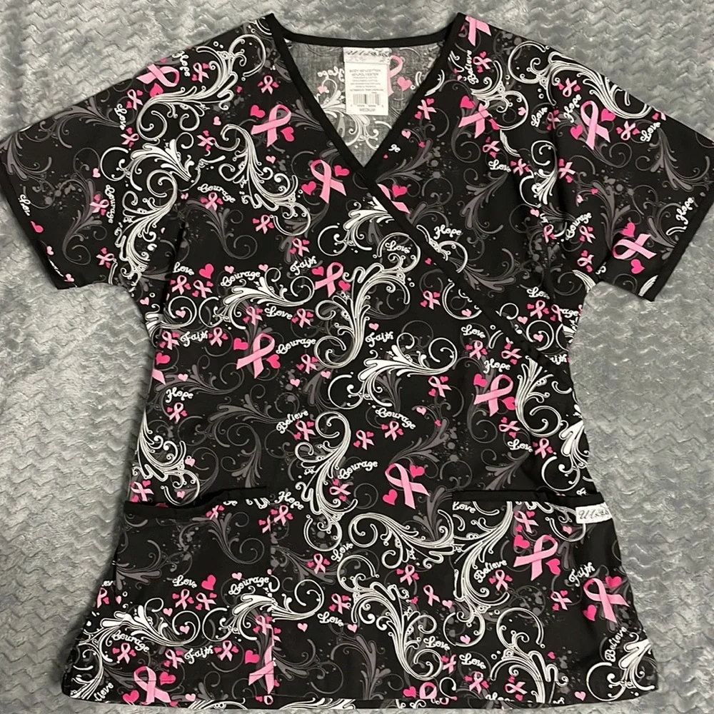 Medium Breast Cancer Awareness Scrub Top & Medium Black Scrub Bottoms - Picture 2 of 7